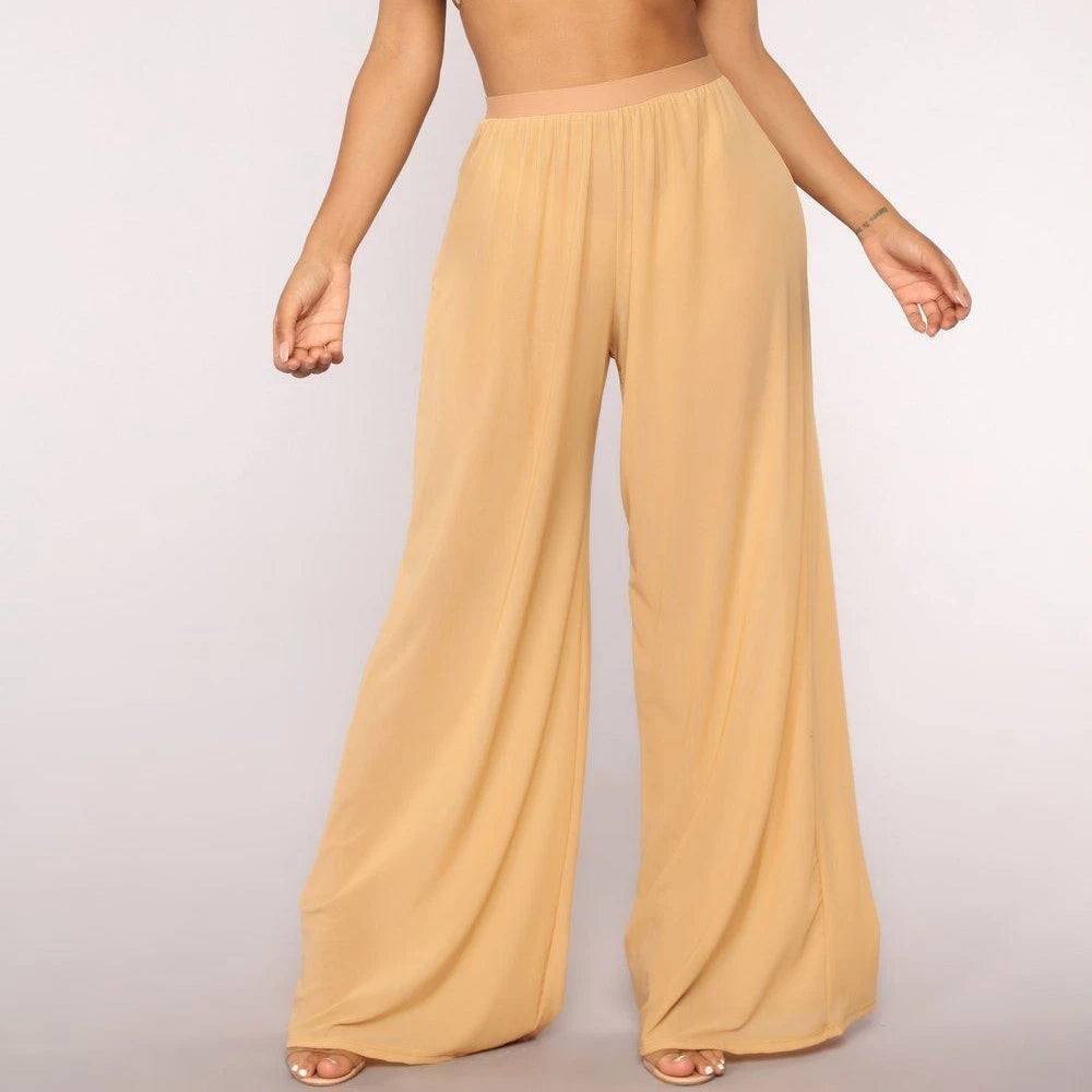 Women See through Boho Wide Leg High Waist Trousers Beach Long Loose Mesh Sheer Pants Hot