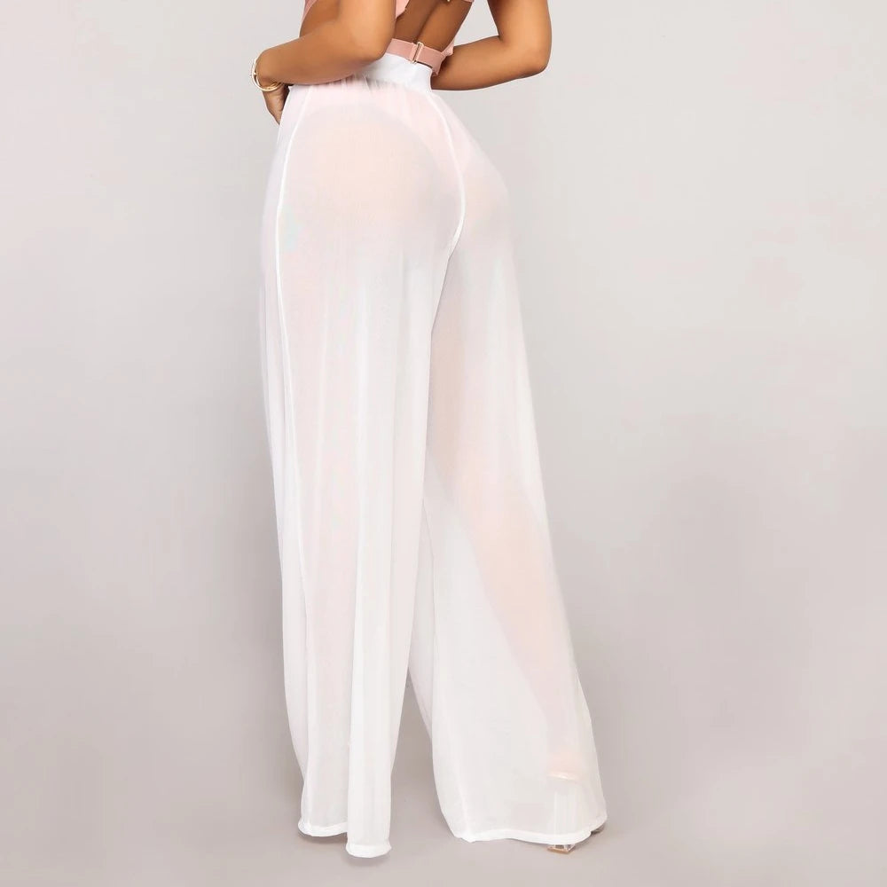 Women See through Boho Wide Leg High Waist Trousers Beach Long Loose Mesh Sheer Pants Hot