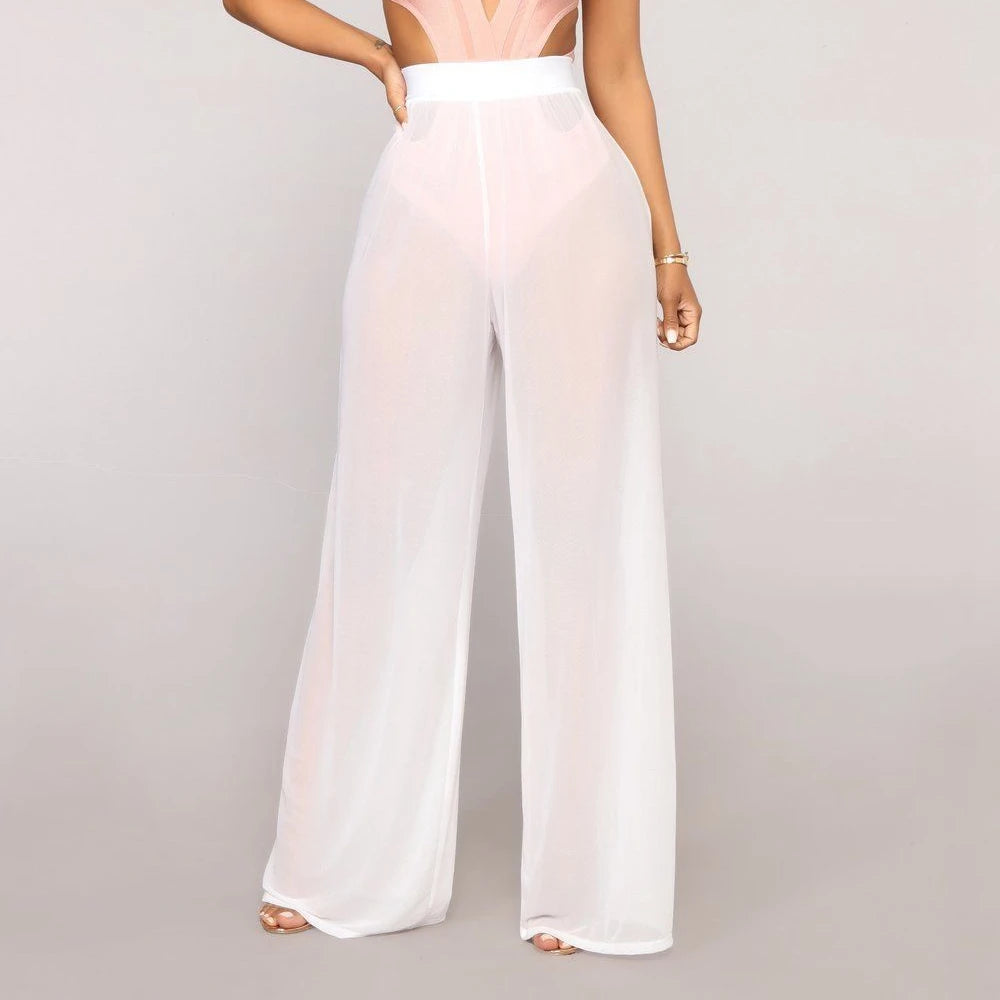 Women See through Boho Wide Leg High Waist Trousers Beach Long Loose Mesh Sheer Pants Hot