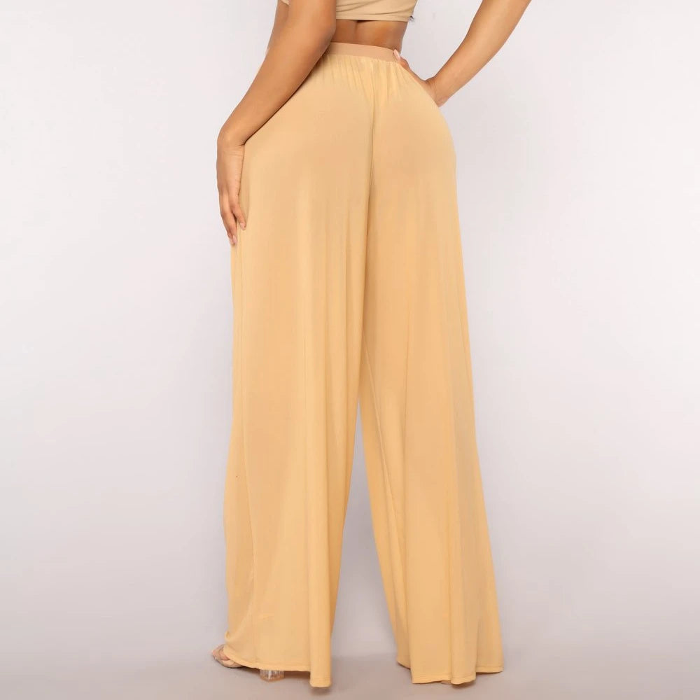 Women See through Boho Wide Leg High Waist Trousers Beach Long Loose Mesh Sheer Pants Hot