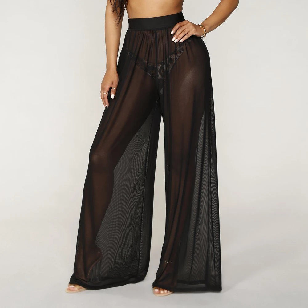 Women See through Boho Wide Leg High Waist Trousers Beach Long Loose Mesh Sheer Pants Hot